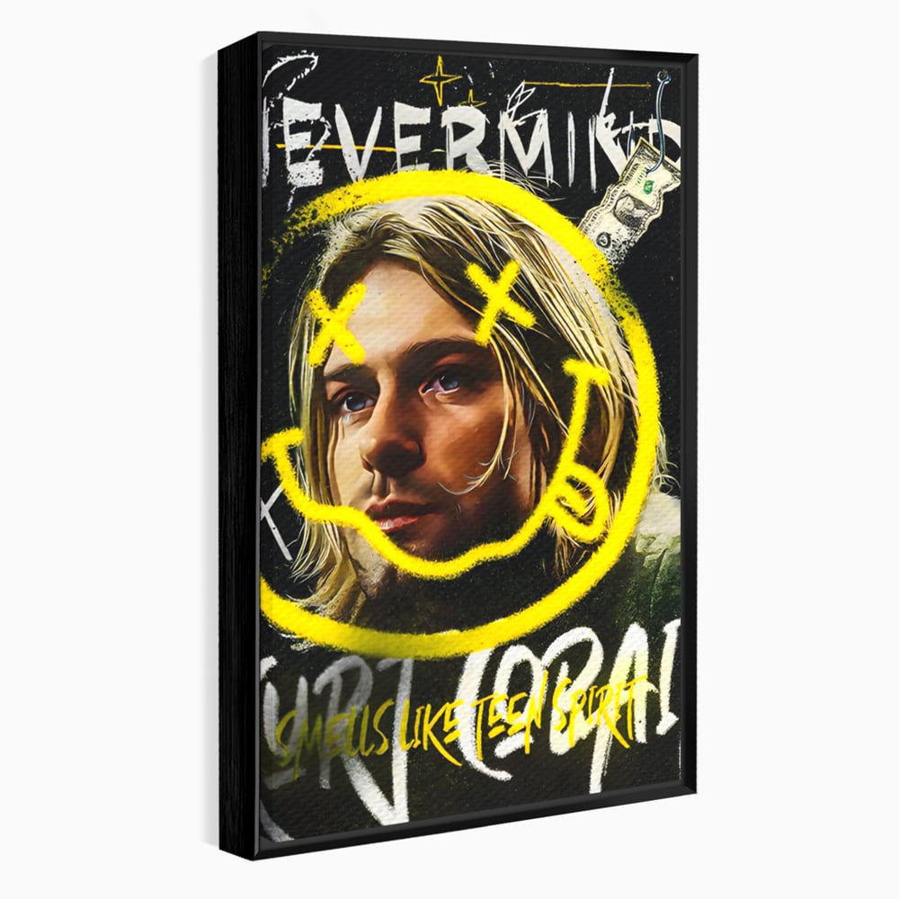 Tablou canvas cu tablou canvas cu portretul lui kurt cobain, in rama de aluminiu negru